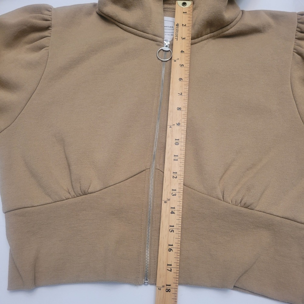 Reflex Women's Beige Cropped Zip Up Hoodie‎ Puff Sleeve "Life is Out There" - Picture 8 of 12